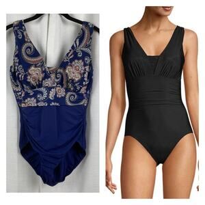 Lands End Blue Floral Slendersuit Grecian Tummy Control One Piece Swimsuit Sz.10
